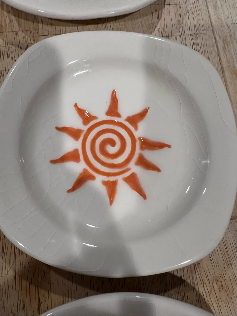 White Ceramic Dessert Plates with Orange Sun Design - Set of 6
